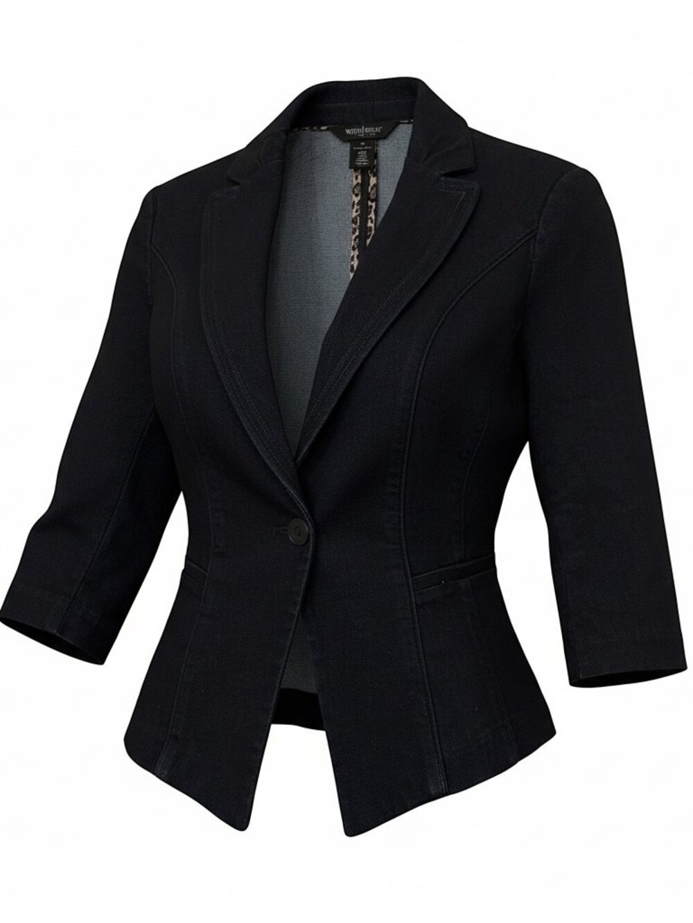 White House Black Market Navy Denim Blazer 00 Fitted 3/4 Sleeve Stretch Jacket